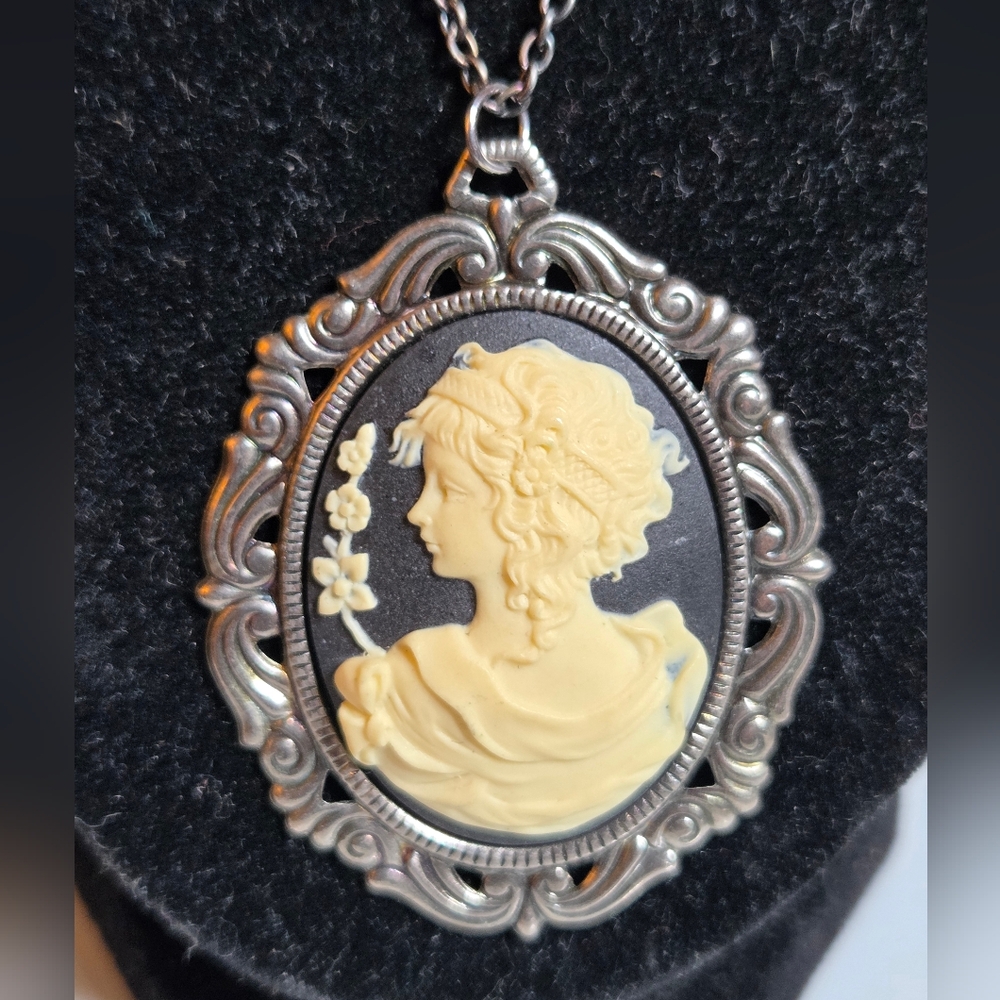 Left-facing Cameo Pendant with Ornate Silver Frame